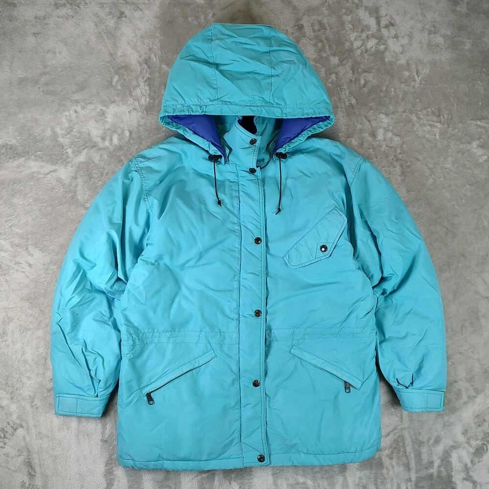 VTG The North Face teal blue hooded ski puffer parka goose down jacket wms L